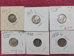 lot 14 image: 6 Mercury Dimes 90% Silver--See Dates