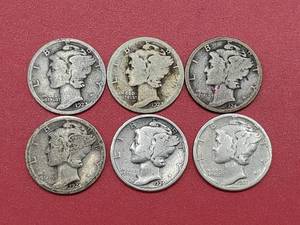 lot 15 image: 6 Mercury Dimes 90% Silver--1923, 1923-S, 1924-D, 1924-S, 1925 & 1927-D
