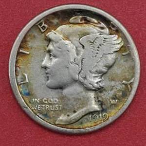 lot 16 image: 1919-D Mercury Dime--Tough to find in the higher grades