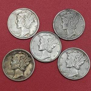lot 17 image: 5 Mercury Dimes 90% Silver