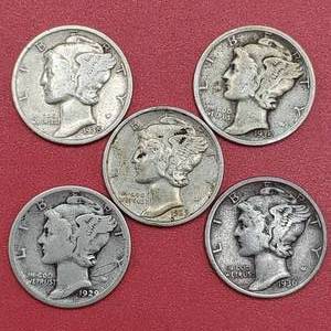 lot 18 image: 5 Mercury Dimes 90% Silver