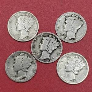 lot 19 image: 5 Mercury Dimes 90% Silver