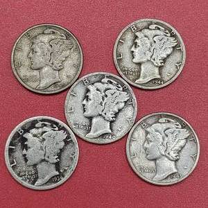 lot 20 image: 5 Mercury Dimes 90% Silver