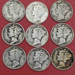 lot 22 image: 9 Mercury Dimes 90% Silver