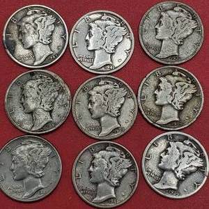 lot 23 image: 9 Mercury Dimes 90% Silver
