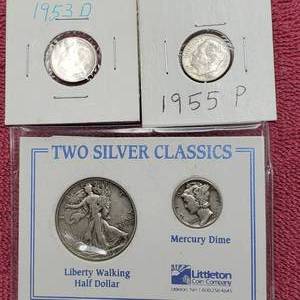 lot 24 image: WL Half Dollar, Mercury Dime & 2 Roosevelt Dimes 90% Silver