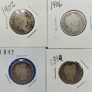 lot 25 image: 4 Barber Quarters 90% Silver