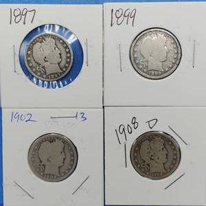 lot 26 image: 4 Barber Quarters 90% Silver