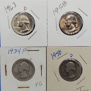 lot 27 image: 4 Washington Quarters 90% Silver