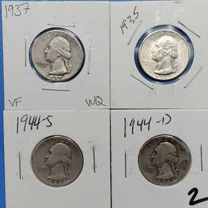 lot 28 image: 4 Washington Quarters 90% Silver