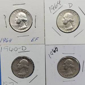 lot 29 image: 4 Washington Quarters 90% Silver