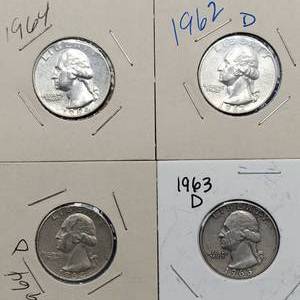 lot 32 image: 4 Washington Quarters 90% Silver