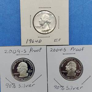 lot 33 image: 3 Washington Quarter 90% Silver, 1964-D, 2004-S Proof & 2009-S Proof