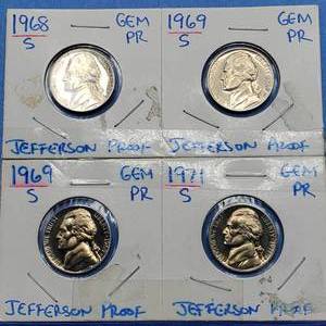 lot 34 image: 4 Proof Jefferson Nickels