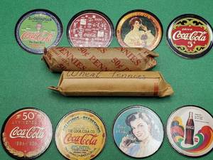 lot 57 image: 2 Rools Lincoln Wheat Cents & Set of 8 Coke.Cap Collectibles