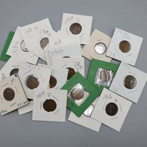 lot 78 image: 25 Lincon Cents, 1909 to 1919, includes many with Mintmarks