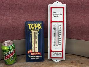 lot 109 image: 2 Vintage Thermometers - Tums & Evansville Courier
