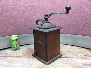 lot 122 image: Antique Tall WoodenCast Coffee Grinder - Swing Cut Bottom Door