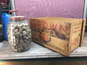lot 187 image: Vintage Crown Cork & Seal Co. - Wooden Crate - Corks - Jar