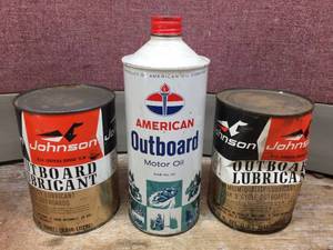 lot 269 image: 3 Vintage Outboard Motor Oil Cans - Johnsons are Full