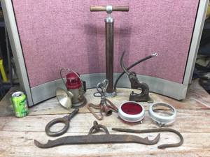 lot 311 image: Antique Iron Items - Pump - Press - Sprinkler - Hooks - Kopp Glass