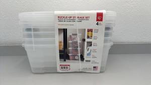 lot 11 image: Set of 4 IRIS 12.9 Quart Plastic Buckle-Up Storage Bins with Lids