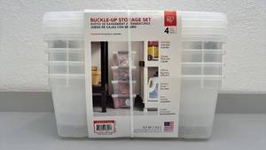lot 57 image: Set of 4 Plastic Buckle-Up Storage Boxes 13 Qt Stackable Clear