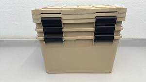 lot 58 image: Set of 3 Heavy-Duty 44 Quart WeatherPro Storage Bins with Lids