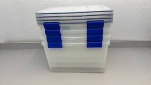 lot 65 image: Set of 4 IRIS WeatherPro 44 Qt Storage Boxes with Latching Lids