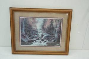 lot 28 image: Mountain Stream Print. Framed & Matted. 20x16