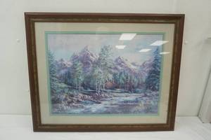 lot 30 image: Log Cabin by the River in the Mountains by Lee K. Parkinson. Print, framed, matted.