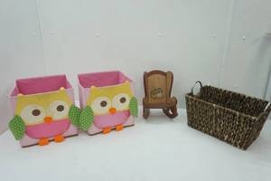 lot 69 image: Owl Storage Bins, Doll Rocker Chair, Woven Storage Basket