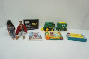 lot 112 image: Ertl John Deere Tractor and Book, Vintage Fisher Price TV-Radio Toy, Elm DVD, Barbie 1966, Light