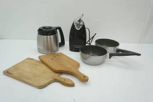 lot 147 image: Kitchen Lot Cutting Boards, Insulated Cuisinart Coffee Pot, Can Opener, Sauce Pans