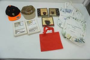 lot 166 image: Hats, Reusable Bags, Hallmark Scrapbooking Stuff, Coffee Decor
