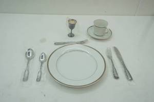lot 173 image: Monticello Poland Place Setting, Salem Silverplate Mini Chalice, Flatware