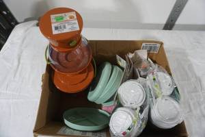lot 286 image: NEW Popcorn Poppers, Plastic Flatware, Disposable Coffee Cups and Lids, Canning Jar Lids and Seals