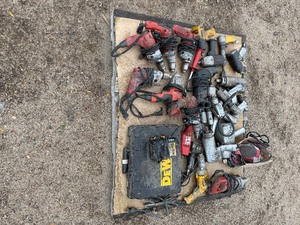 lot 73 image: Pallet of corded power tools Dewalt, Milwaukee, Aircat, Ingersol-Rand, Gison Pneumatic, Skil and more