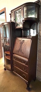 Antique Oak Secretary Bookcase with Curio Cabinet and Stained Glass