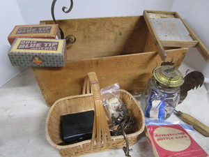 lot 144 image: Apple Box, Drawer Pulls, Sewing Kit