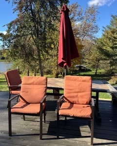 lot 7 image: D - Outdoor Dining Table with 3 Cushioned Chairs and Umbrella