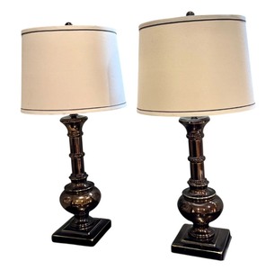 lot 21 image: FLR - Pair of 31 Inch Bronze Finish Table Lamps with Shades