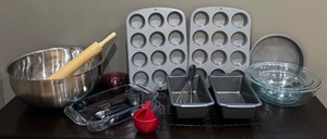 lot 24 image: K - Baking Essentials Bundle with Bowls, Loaf Pans, Muffin Trays, and Utensils