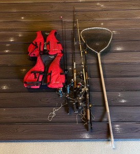 lot 36 image: G - Fishing Gear Lot with 2 Field & Stream Life Jackets, 4 Rods with Reels, and Net