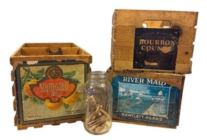 lot 50 image: G - Vintage Wooden Fruit Crates with Vintage Labels and Jar of Wooden Clothespins