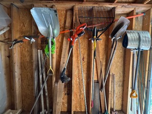lot 61 image: S - Group of Garden Tools Including Shovels, Rakes, Hedge Trimmer, and Pruner