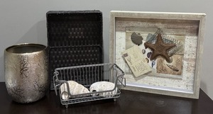 lot 99 image: LR - Home Decor Lot with Framed Sea Life Art, Metal Vase, Baskets, and Shell Accents