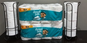 lot 100 image: LR - Angel Soft 2-Ply Toilet Paper 32 Mega Rolls and Two Metal Toilet Paper Holders