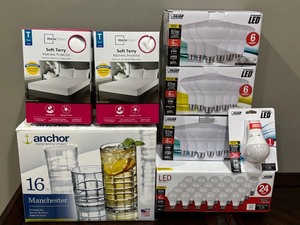 lot 101 image: LR - Household Lot with LED Light Bulbs, Mattress Protectors, and Anchor 16-Pc Glass Set