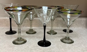 lot 109 image: LNDRY - Set of 7 Martini and Margarita Glasses with Colorful Rims and Black Stems